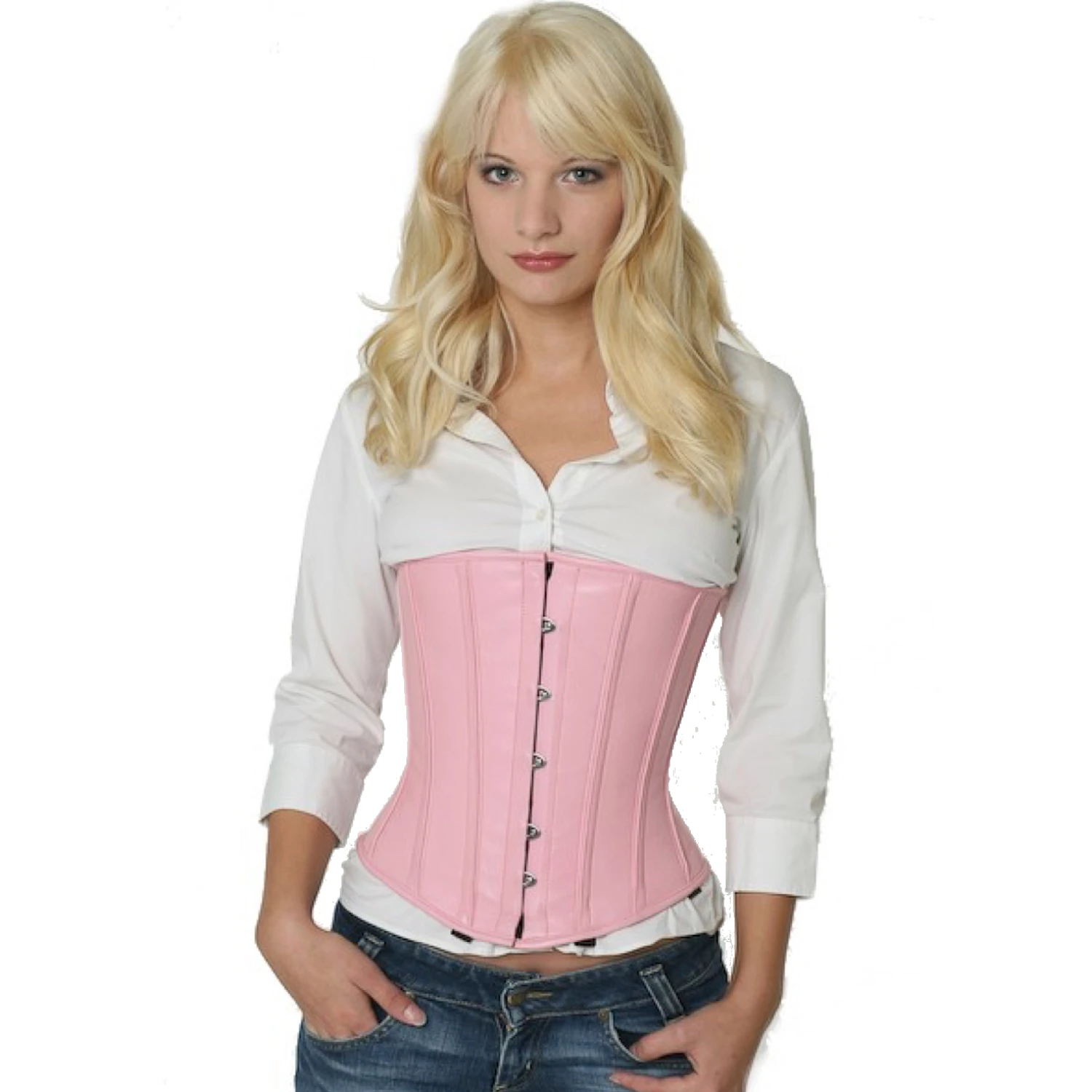 Korsett Unterbrust Rosa Leder lu22 Modell trägt Lederkorsett Unterbrust in pink von vorne echtes Schnürkorsett für Taillenreduktion