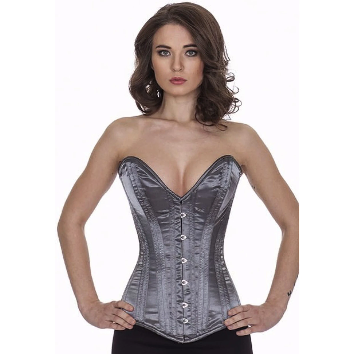Korsett Vollbrust tiefer Ausschnitt Grau Satin sl01 Modell trägt ein elegantes Satin-Vollbrustkorsett Plunge in grau mit Innenfutter aus Baumwolle