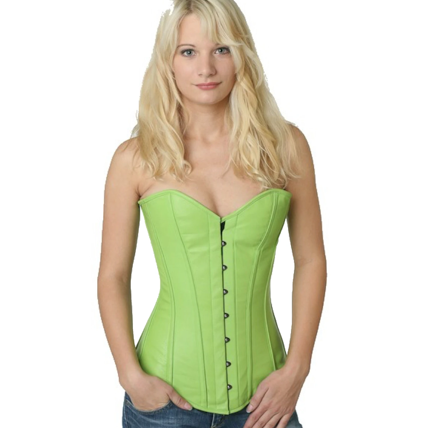 Korsett Vollbrust Grün Leder ly28 Modell trägt das Vollbrust-Lederkorsett in grün in der Vorderansicht für eine Taillenreduktion um bis zu 10cm.