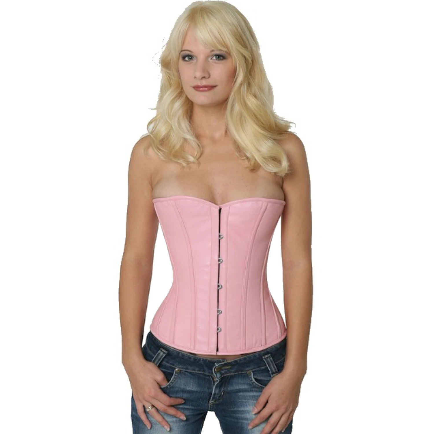 Korsett Leder Rosa Halbbrust lh22 Modell trägt ein pinkes Leder-Halbbrustkorsett Vorderansicht