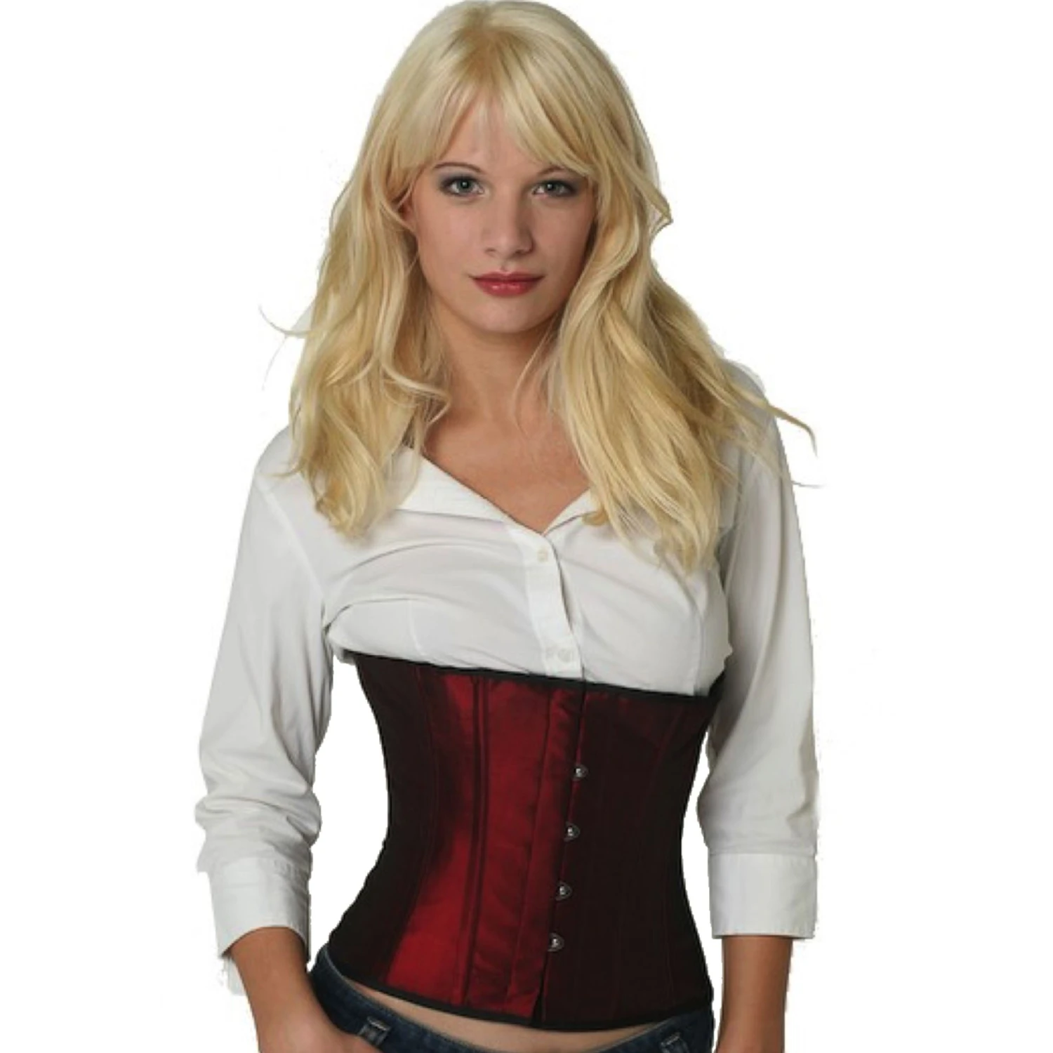 Korsett Satin Rot Weinrot Taillen sw05 Modell trägt ein kurzes Satin-Taillenkorsett in dunkelrot mit Innenfutter aus Baumwolle