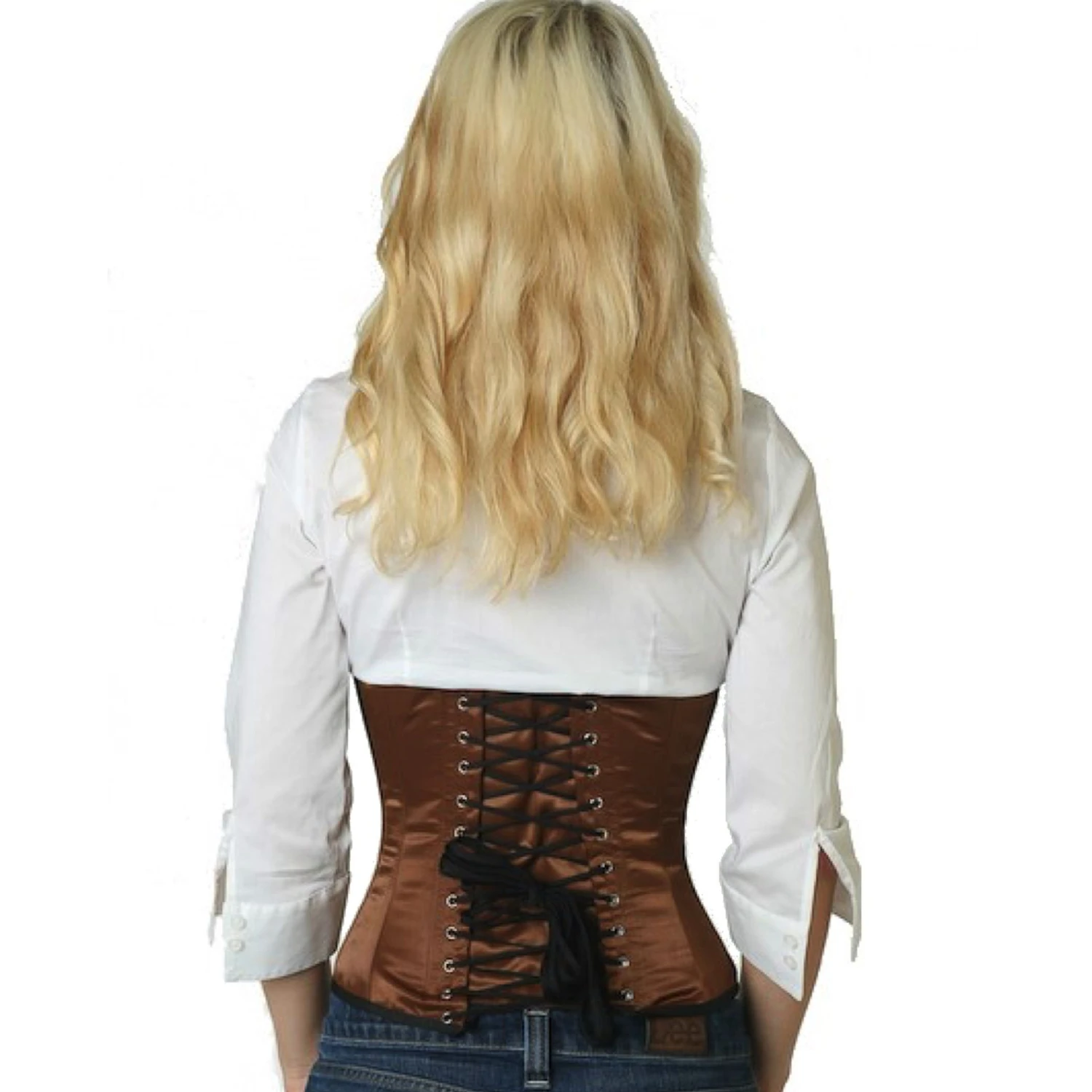 Korsett Satin Braun Taillen sw10 Rückansicht eines Modells im echten Satin-Schnürkorsett als Taillenkorsett in braun mit Rückenschnürung