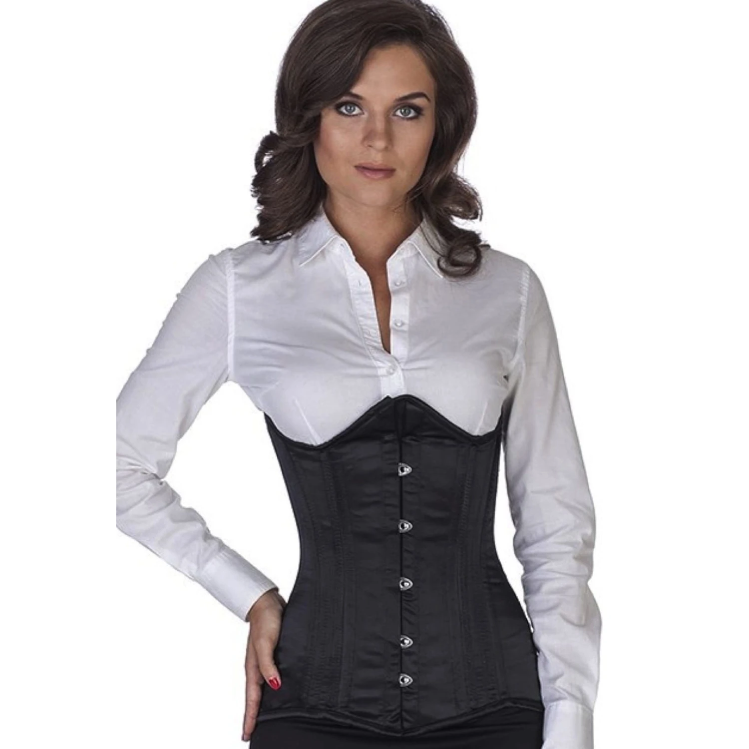 Korsett Unterbrust geschwungen Satin Schwarz sn00 Modell trägt das geschwungene Unterbrust-Satinkorsett aus der fapedo-Kollektion, Ansicht von vorne