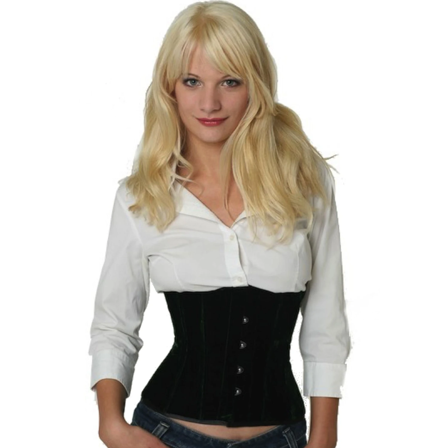Korsett Grün Samt Taillen vw63 Modell trägt ein kurzes Samt-Taillenkorsett in grün mit Innenfutter aus Baumwolle