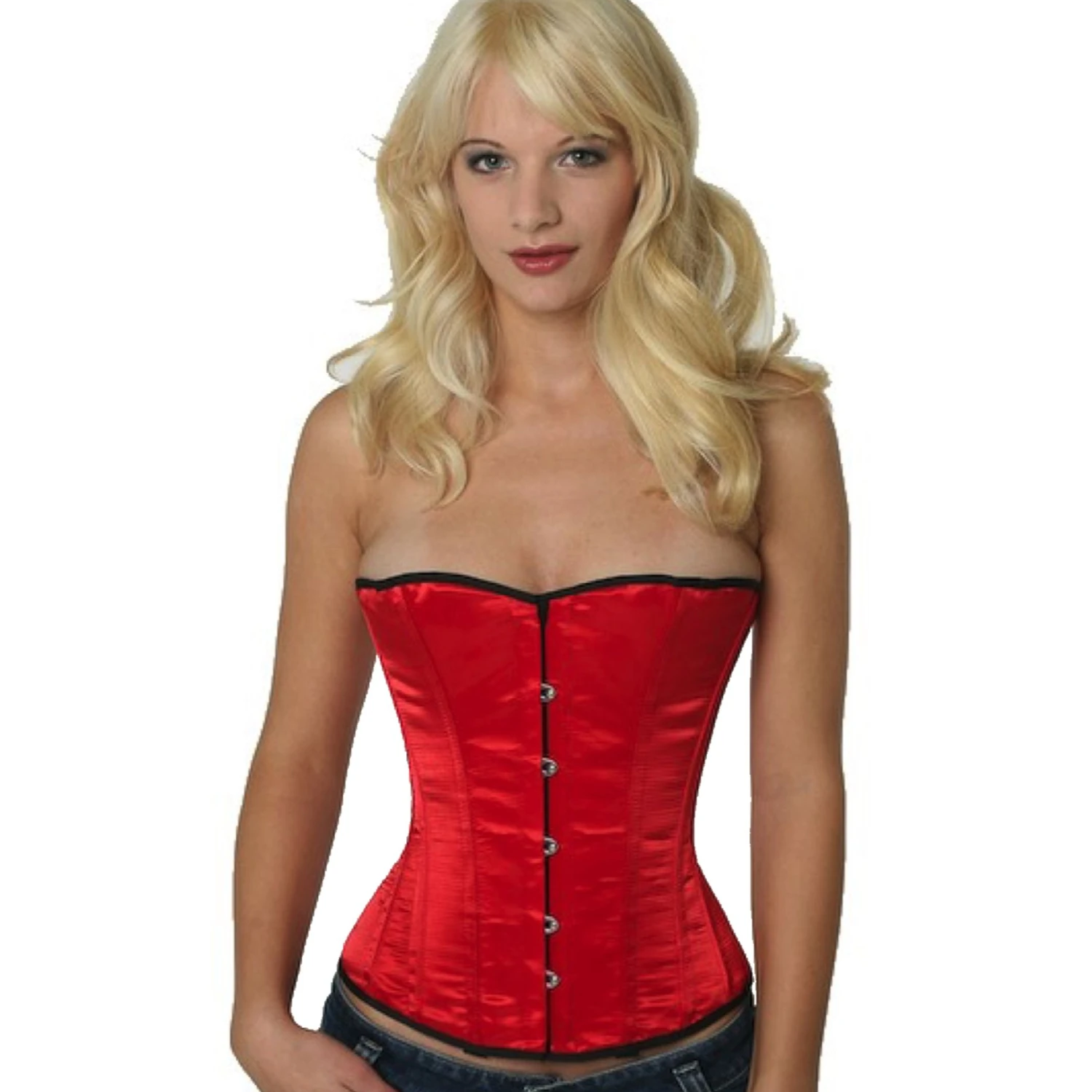 Korsett Satin Rot Halbbrust sh06 Modell trägt ein elegantes Satin-Halbbrustkorsett in rot mit Innenfutter aus Baumwolle