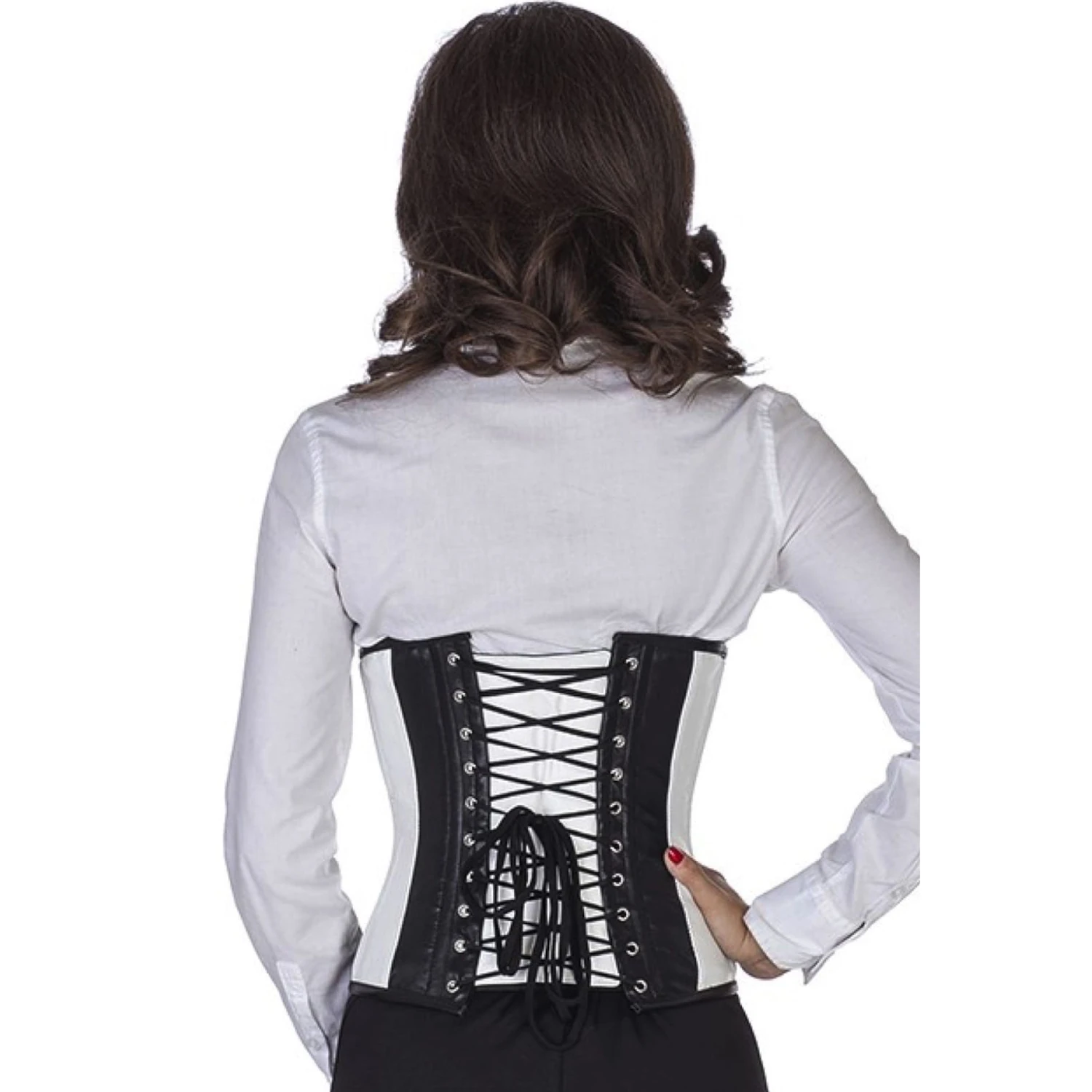 Korsett Schwarz Weiß Leder Taillen lw35 Rückansicht am Modell für das Lederkorsett Taillenkorsett in schwarz/weiß mit klassischer Schnürung hinten und 10 Edelstahl-Korsettstangen.