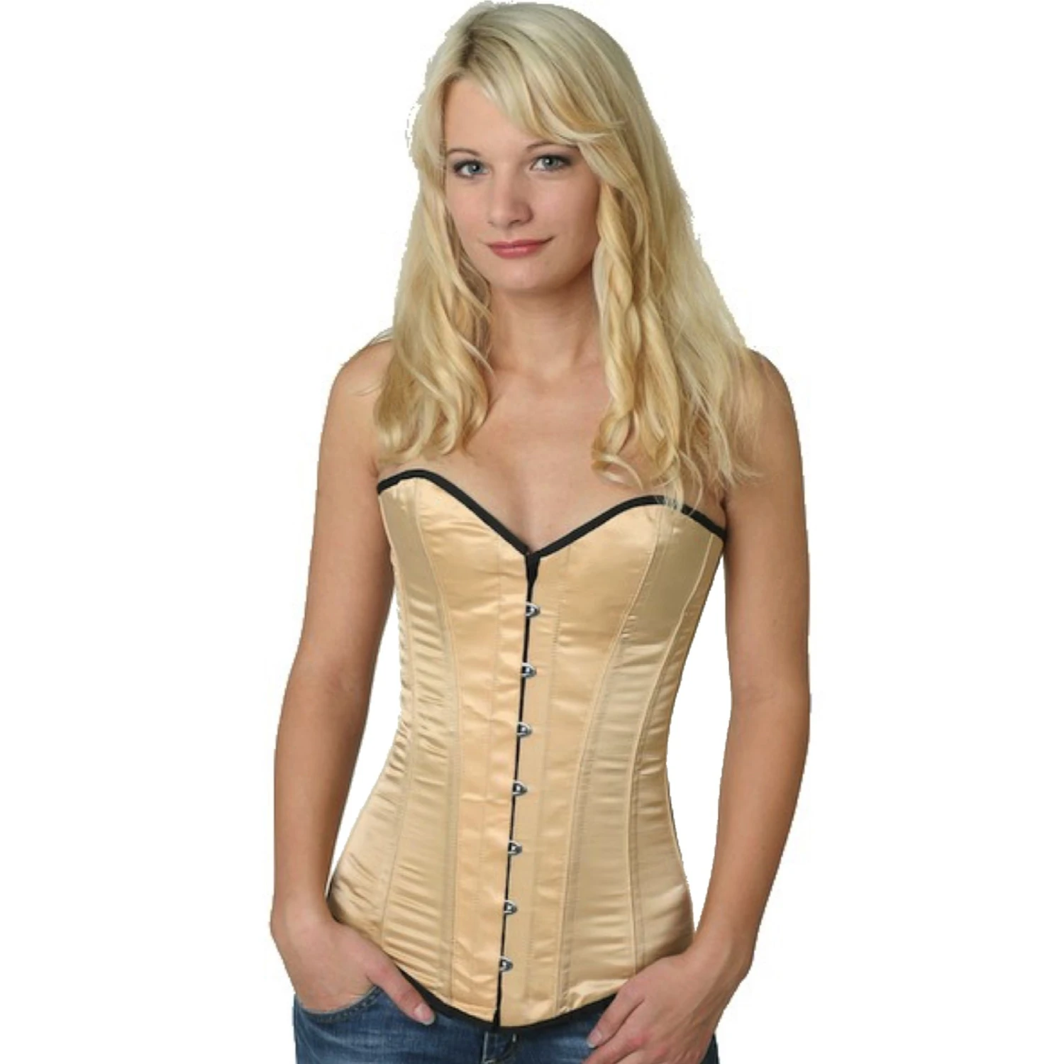 Korsett Vollbrust Satin Beige sy11 Modell trägt ein klassisches Satin-Vollbrustkorsett in beige mit Innenfutter aus Baumwolle