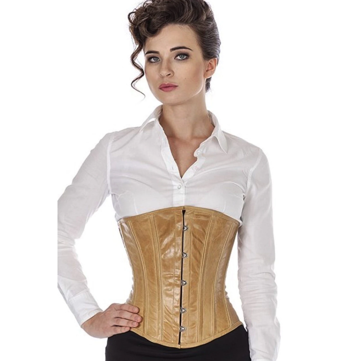 Korsett Unterbrust Leder Beige lu38 Modell trägt Lederkorsett Unterbrust in beige von vorne echtes Schnürkorsett für Taillenreduktion