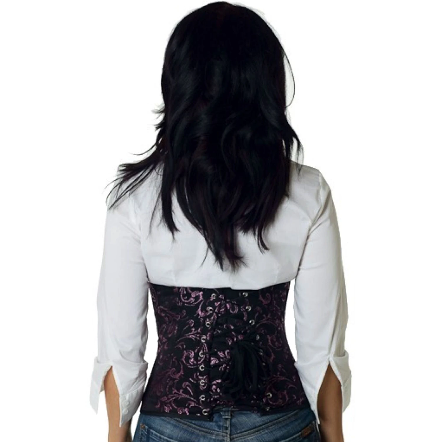 Korsett Taillen Brokat Pink rw86 Rückansicht eines Modells im echten Brokat-Schnürkorsett als Taillenkorsett in rosa mit Rückenschnürung