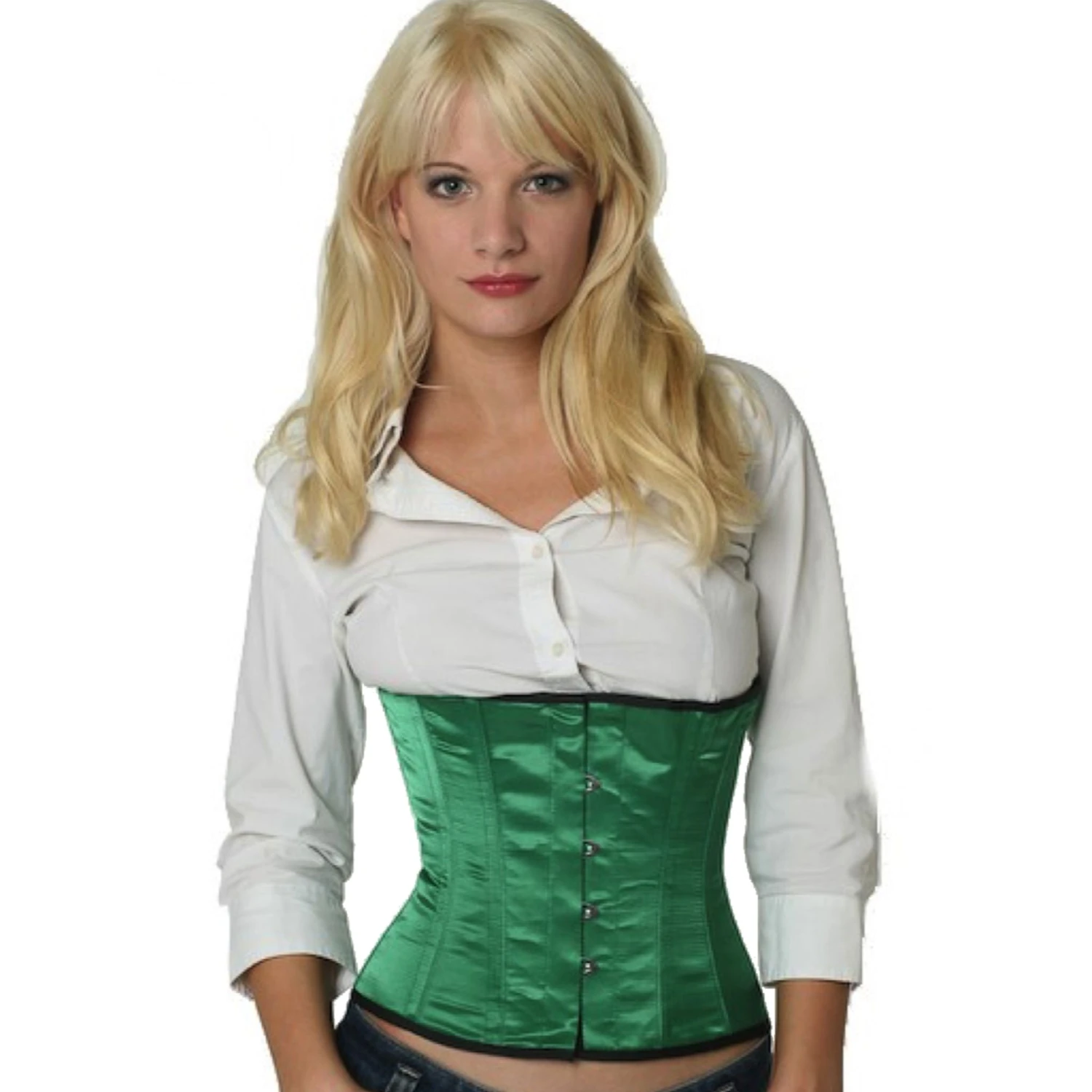 Korsett Taillen Grün Satin sw14 Modell trägt ein kurzes Satin-Taillenkorsett in grün mit Innenfutter aus Baumwolle